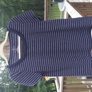 Talbots Blue White stripe Pom Pom Linen blend knit Tee Shirt Sz S